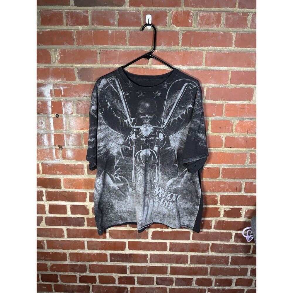 Vintage Y2K Miami Ink All Over Print Aop Biker Skull Graphic Shirt Adult Size XL
